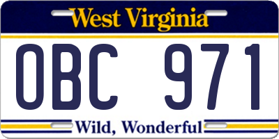 WV license plate OBC971
