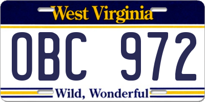 WV license plate OBC972