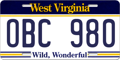 WV license plate OBC980