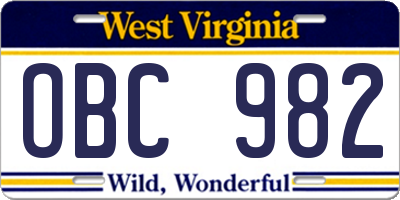 WV license plate OBC982