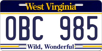 WV license plate OBC985
