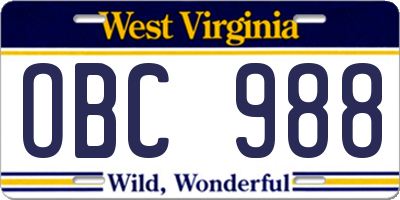 WV license plate OBC988