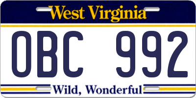 WV license plate OBC992