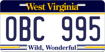 WV license plate OBC995