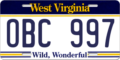 WV license plate OBC997