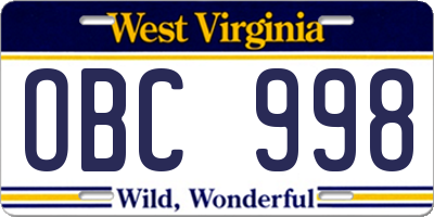 WV license plate OBC998