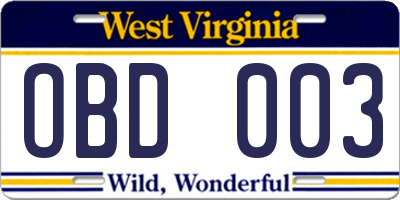 WV license plate OBD003