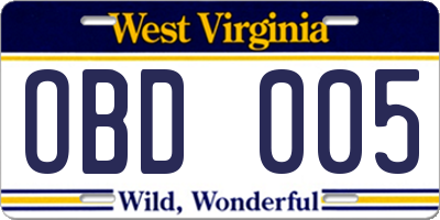 WV license plate OBD005