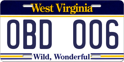 WV license plate OBD006