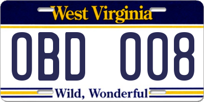 WV license plate OBD008