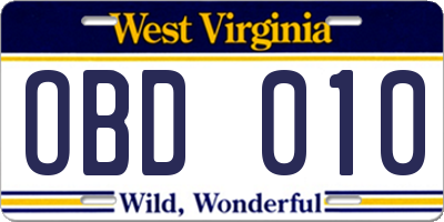 WV license plate OBD010
