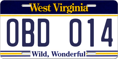 WV license plate OBD014