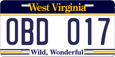 WV license plate OBD017