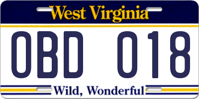 WV license plate OBD018