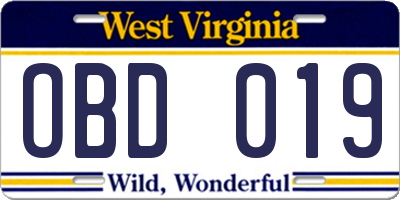 WV license plate OBD019