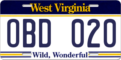 WV license plate OBD020