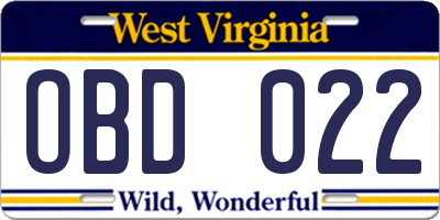 WV license plate OBD022