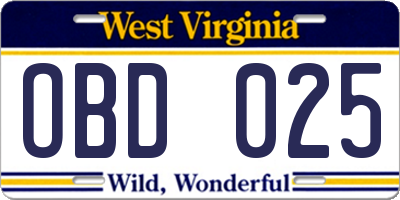 WV license plate OBD025