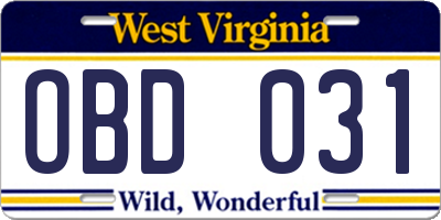 WV license plate OBD031