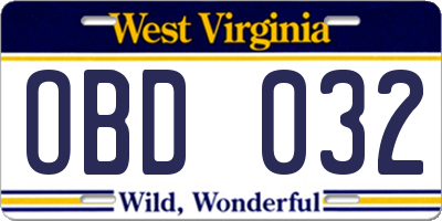 WV license plate OBD032