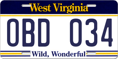 WV license plate OBD034