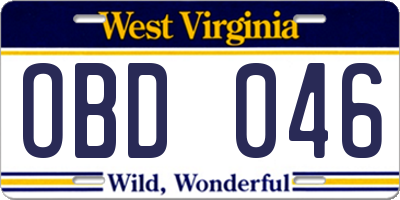WV license plate OBD046