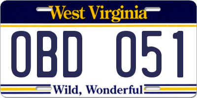WV license plate OBD051