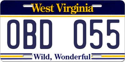 WV license plate OBD055