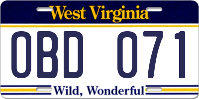 WV license plate OBD071