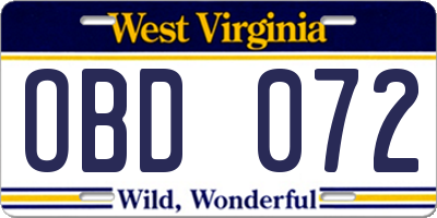 WV license plate OBD072