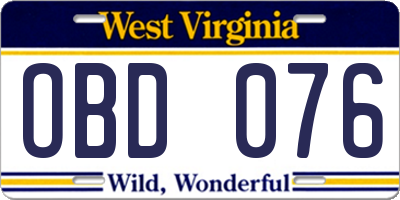 WV license plate OBD076