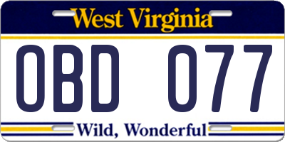WV license plate OBD077