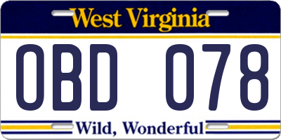 WV license plate OBD078
