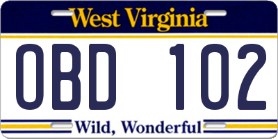WV license plate OBD102