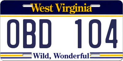 WV license plate OBD104