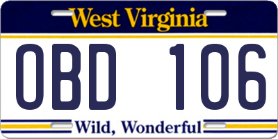 WV license plate OBD106
