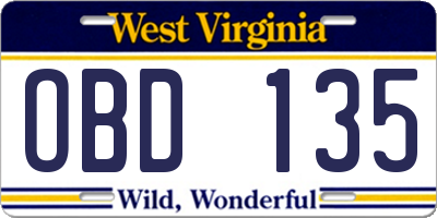 WV license plate OBD135