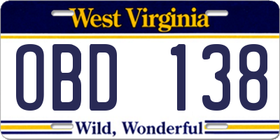 WV license plate OBD138