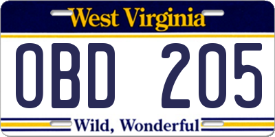 WV license plate OBD205