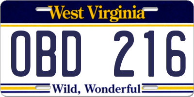 WV license plate OBD216