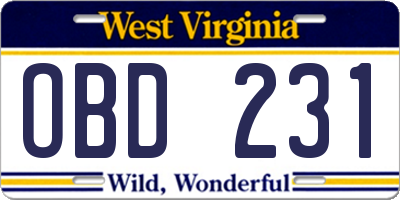 WV license plate OBD231