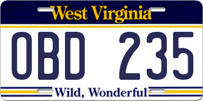 WV license plate OBD235