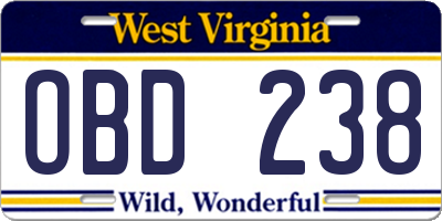 WV license plate OBD238