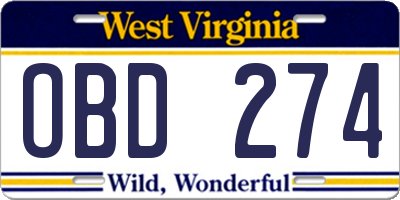 WV license plate OBD274