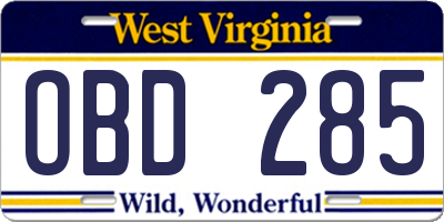 WV license plate OBD285