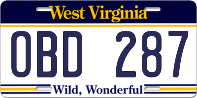 WV license plate OBD287