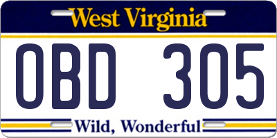 WV license plate OBD305