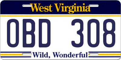 WV license plate OBD308