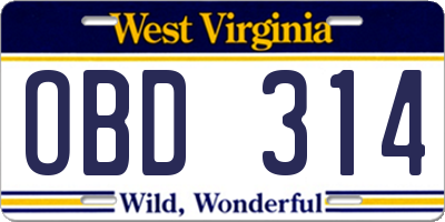 WV license plate OBD314