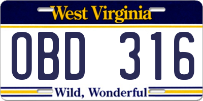 WV license plate OBD316